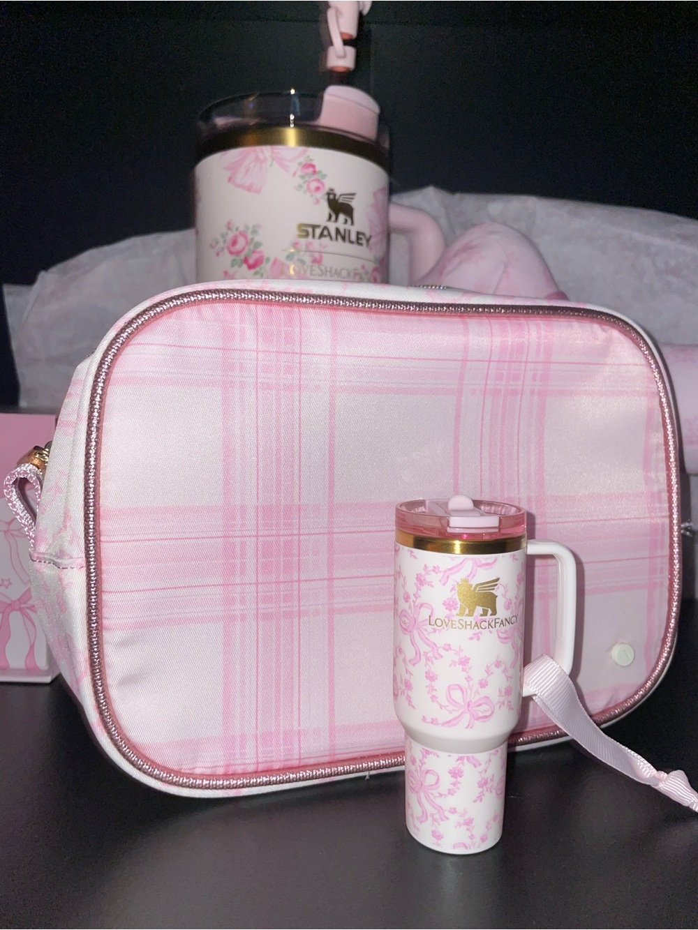 LoveShackFancy X State pink chantilly cosmetic bag and Stanley mini ornament set